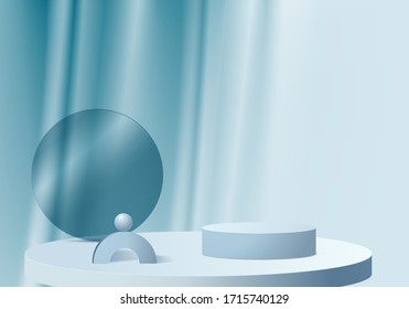3d blue abstract geometric background vector. Bright pastel podium or pedestal backdrop. Blank minimal design.  Empty 3D green pedestal winner. Stage for awards ceremony on website in modern.3D render