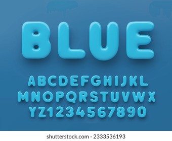 3D Blue alphabet with numbers with a glossy surface on a blue background .