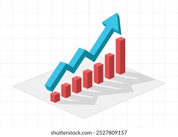 Gráfico de seta azul 3D subindo com barras de gráfico subindo representam o crescimento e o lucro da empresa