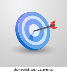 3d blue arrow hitting the center of the dartboard, arrow on target, business success, investment goal, opportunity challenge, strategy goal, achievement focus concept illustration