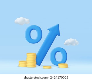 Porcentaje de flecha azul 3D con moneda de pila. Concepto de crédito bancario. Tipo de interés. Aumenta el ahorro financiero. Inflación monetaria e impuestos. 3 quinquies de representación. Ilustración del vector