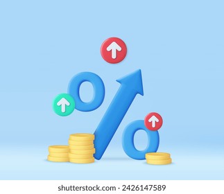 Flecha azul 3D por ciento con pila de monedas. Concepto de crédito bancario. Tipo de interés. El ahorro financiero está aumentando. Dinero, inflación e impuestos. renderizado 3d. Ilustración de vector