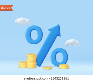 3D blue arrow percent with stack coin. Bank credit concept. Interest rate. Financial saving rising. Money inflation and tax. 3d rendering. Vector illustration