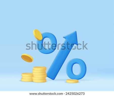 3D blue arrow percent with stack coin. Bank credit concept. Interest rate. Financial saving rising. Money inflation and tax. 3d rendering. Vector illustration