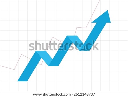 3D Blue Arrow Pointing Up with Red Line Graph and Grid Background represents Consistent Business Growth, Economic Boom, Profit Trend