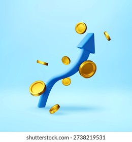 3D Blue arrow pointing upward indicating business growth and success. Financial chart with rising trend line and flying coin. Investment data visualization for economic analysis. Vector illustration