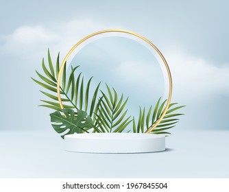 3d pantalla de producto de fondo azul podio con plataforma geométrica de hoja verde. representación 3d del vector de fondo de verano con podio blanco. stand show cosméticos. Muestra de escenario en azul para la pantalla peatonal