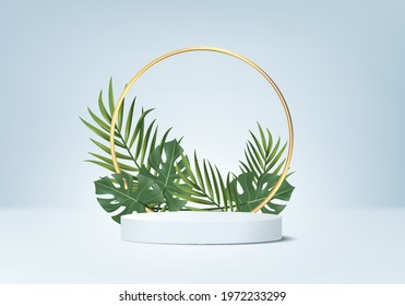 3d blue background product display podium scene with green leaf summer platform. background vector 3d render with white podium. stand show cosmetic product. Stage showcase on pedestal display blue