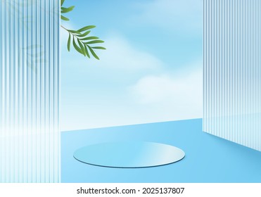 3d blue background product display podium scene with cloud geometric platform. cloud background vector 3d render with blue podium. stand to show cosmetic product. Stage on pedestal display blue podium