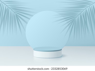 Fondo azul 3D. Podio peatonal de cilindro blanco y azul realista con sombra de hojas de palma en la escena de la pared. Composición abstracta en diseño mínimo. Plataformas para la presentación de productos. Muestra de escenario.