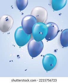 3d fondo de globos azules con confeti y cintas.Celebración, presentación de productos muestra podio de productos cosméticos