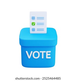 A cédula azul 3d e a cédula de papel branco com uma marca de seleção verde estão sendo colocadas na caixa. Voto ou participação eleitoral. Democracia ou processos de tomada de decisão. Ilustração do vetor 3d.