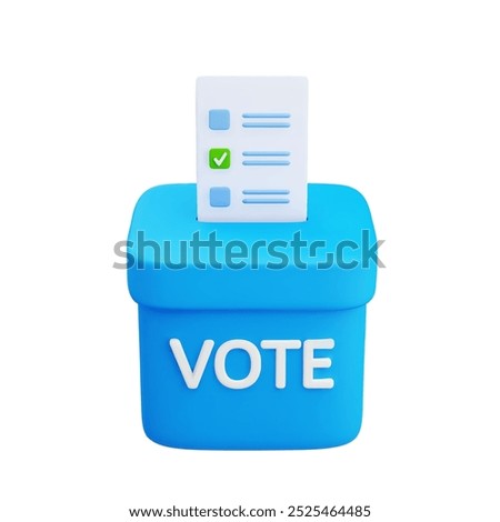 3d blue ballot box and white paper ballot with a green checkmark is being placed into the box. Voting or election participation. Democracy or decision-making processes. 3d Vector illustration.