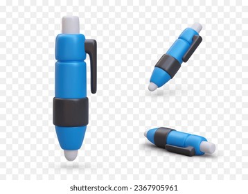 bolígrafo azul 3D con botón. Dispositivo de escritura. Objeto en posición vertical, horizontal, inclinada. Papelería popular. Juego de iconos para la tienda. Símbolo de registro
