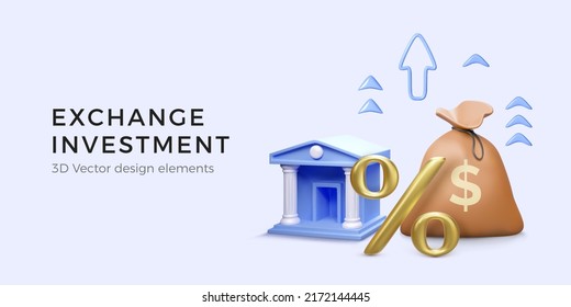 3D blue bank building with money bag and gold percent symbol arrows up. Success exchange investment. Bank deposit at a rise interest rate. Business banner. Vector illustration 