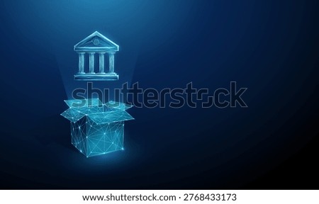 3d blue bank icon above open box. Financial services delivery, digital banking offerings, account services, financial tools distribution, innovation in banking concept. Futuristic style. Vector.