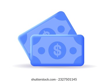 Icono de billetes azules en 3D. Dólares y efectivo. Cartera electrónica, transferencias, transacciones y pagos. Diseño de interfaz de usuario y UX. Ilustración vectorial isométrica de caricatura aislada en fondo blanco