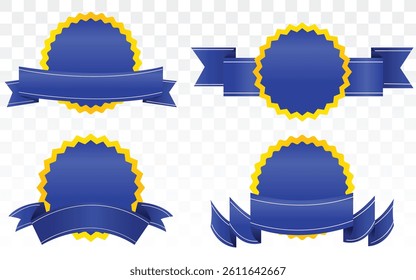3D blue Best Quality Ribbon Badge Design | Premium Quality Award Ribbon for Products and Branding | Vector Badge for Labels and Certifications, blue ribbon set of guarantee labels on transparent.