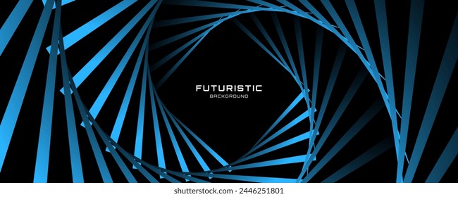 3D blue black dynamic techno background on dark space. Tech banner with rotating rhombus style decoration. Modern graphic design element. Motion lines concept for web, flyer, card, or brochure cover