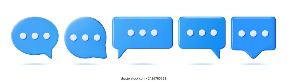 3D Blue Blank Speech Bubbles Set Isolated. Square and Round Rendering Chat Balloon Pin. Notification Shape Mockup. Communication, Web, Social Network Media, App Button. Realistic Vector Illustration