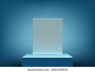 Podio de caja azul 3D con fondo blanco se sienta en un pedestal contra un fondo azul. Ilustración de vector