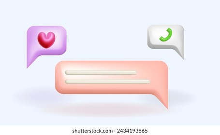 3d blue bubble speeches with heart and phone icon. Messenger dialogue vector illustration design. Chat conversation and call template.