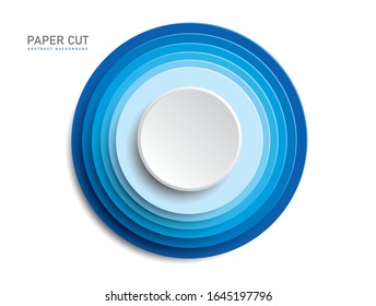 3d blue button shapes on white background in paper cut style. Vector design multi layered wheels width shadow.