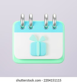 3d blue calendar with gift box icon on gray background. Render of daily birthday event schedule planner, wedding day. Boxing day sale and save the date concept. 3d cartoon simple vector illustration