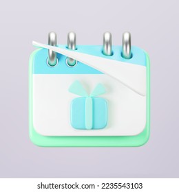 3d blue calendar with gift box icon on gray background. Render of daily birthday event schedule planner, wedding day. Boxing day sale and save the date concept. 3d cartoon simple vector illustration