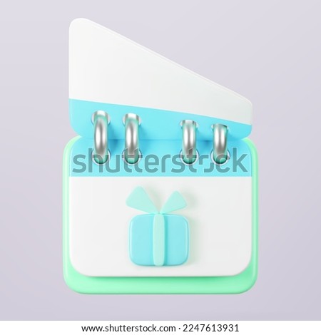 3d blue calendar with gift box icon on gray background. Render of daily birthday event schedule planner, wedding day. Boxing day sale and save the date concept. 3d cartoon simple vector illustration