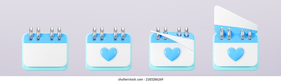 3d blue calendar with heart icons isolated. Render of daily wedding event schedule planner, valentine's day, birthday. Menstrual calendar for control women cycle. 3d cartoon simple vector illustration