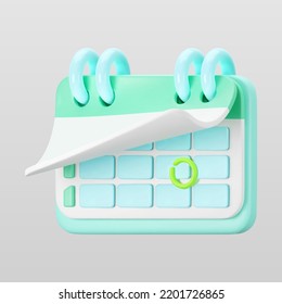 3d blue calendar icon with highlighted circle day and flipping pages. Save the date. Render of weekly schedule planner with mark the date. Calendar important day concept. 3d cartoon simple vector