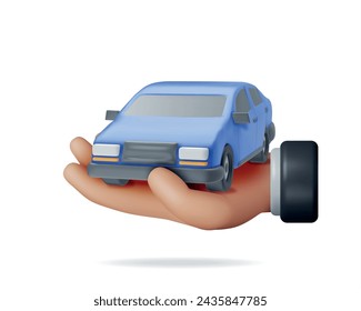 3D Blue Car Vintage Model in Hand. Render Bright Realistic Car. Classic Sedan Motor Vehicle. Plastic Toy Auto. Advertising For Driving School Carsharing and Repair Service. Cartoon Vector Illustration