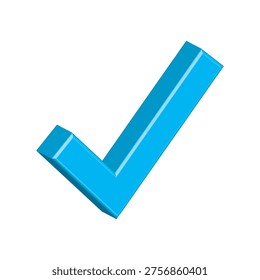 3D Blue Check Mark Icon. Isometric Tick for Approval, Success, and Completion. Verification Sign for Business Checklist, UI Design, and Web Apps. Isolated 3D Rendering of Correct Choice and Yes Symbol.