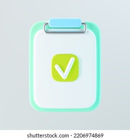 3d blue checklist on clipboard icon with check marks isolated on gray background. Render to-do or shopping, medical, business and education checklist. 3d cartoon simple vector illustration