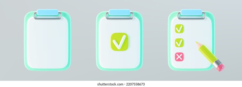 3d blue checklist on clipboard icons set with check mark, cross mark, pencil. Render to-do or shopping, medical, business and education checklist. 3d cartoon simple vector illustration