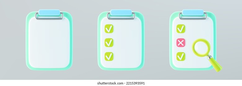3d blue checklist on clipboard icons set with check mark, cross mark and magnifying glass. Render to-do or shopping, medical, business and education checklist. 3d cartoon simple vector illustration