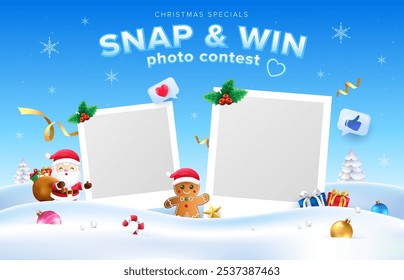 3d azul Natal snap e ganhar design concurso com fundo moldura de foto. Modelo de vetor para cartões de saudação, banner promocional.