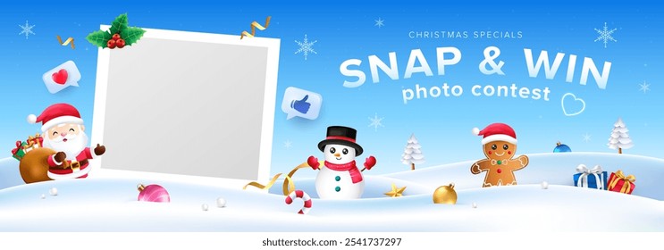 3d blue Christmas snap and win contest with photo frame banner design. Vector template for sale, promotional banner.
