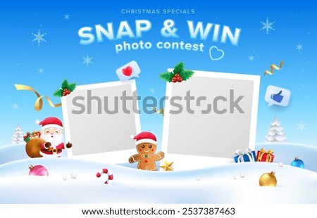 3d blue Christmas snap and win contest design with photo frame background. Vector template for greeting cards, promotional banner.