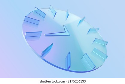 3d blue circle clock made of clear glass, isolated on blue background. Concept of time passing and reversal.