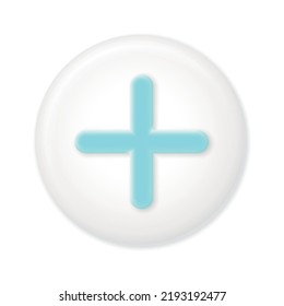 3d blue circle with plus on the white background. Cute icon of first aid. Health care. Medical symbol of emergency help. Vector illustration