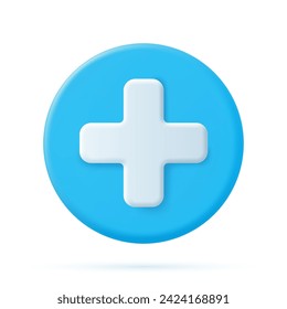 3d blue circle with plus on the white background. Cute icon of first aid. Health care. Medical symbol of emergency help. Vector illustration