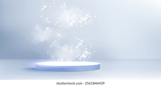 3d blue circle podium with bubble for product. Abstract cosmetic platform with cloud and flying realistic soap sphere in studio. Minimal pastel room render with pedestal on floor and smoke on bg.