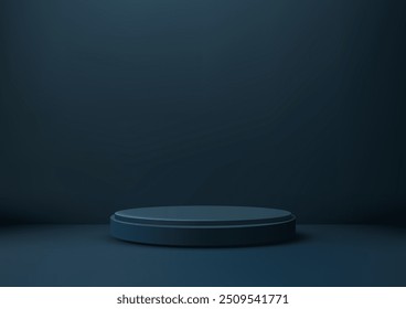 3D Blue Circular Podium em tons escuros para a exposição moderna do produto e maquete, cena minimalista com design elegante para o salão de exposição elegante, mostra, apresentação