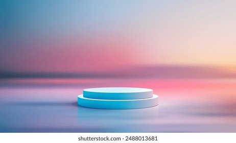 3D Blue Circular Podium with Pink and Blue Gradient Twilight Sky Background, Nature Concept for Product Display, Mockup, Showroom, Showcase