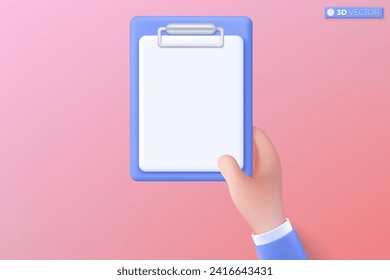 3D blue clipboard with blank sheet icon symbol. document for note, education, Drawing, contracts, schedule, mockup, work planning concept. 3D vector isolated illustration, Cartoon pastel Minimal style