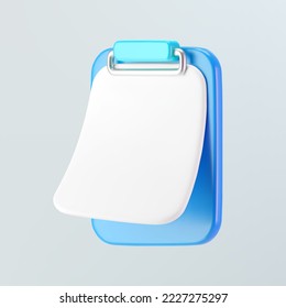 3d blue clipboard icon with blank sheet of paper isolated on gray background. Render of clipboard with 3d document for notes, contracts, schedule, work planning. 3d cartoon simple vector illustration