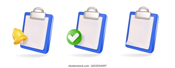 3d blue clipboard icons with blank sheet of paper isolated. Render clipboard with 3d document for notes, contracts, schedule, work planning, checkmark and bell notification.