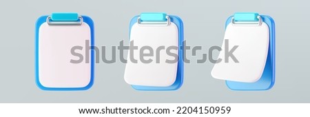 3d blue clipboard icons with blank sheet of paper isolated on gray background. Render of clipboard with 3d document for notes, contracts, schedule, work planning. 3d cartoon simple vector illustration